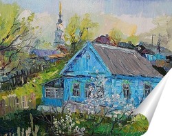   Постер весенний пейзаж с голубым домиком