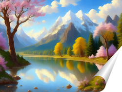   Постер Весна в горах с видом на озеро