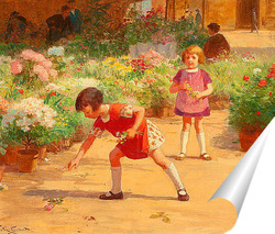   Постер Двое детей собирают цветы