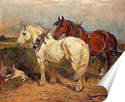   Постер Две рабочие лошадки и отдыхающая собака