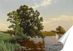   Постер Молодая женщина на берегу озера