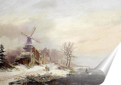   Постер Зимний пейзаж, мельница