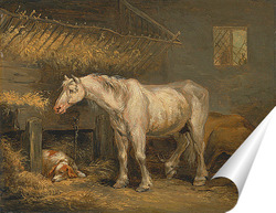   Постер Старая лошадь с собакой в стойле