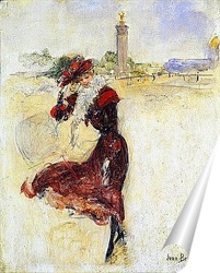   Постер Ветренный день.Девушка в красном платье