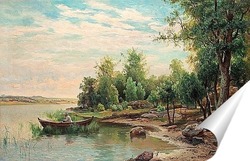   Постер Вид на озеро с рыбаком в лодке