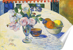   Постер Цветы и ваза с фруктами на столе