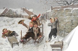   Постер Зимняя сцена с мальчиками на санках