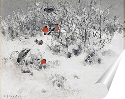   Постер Зимний пейзаж с снегирями