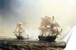   Постер Морской бой между французским и английским фрегатами Эмбускадом 