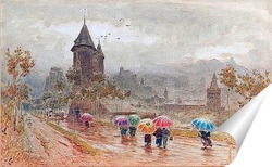   Постер Сион, Долина Роны, дождливый городской пейзаж с зонтиками