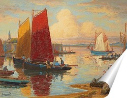   Постер Конкарно, Финистер, лодки и рыбаки на работе