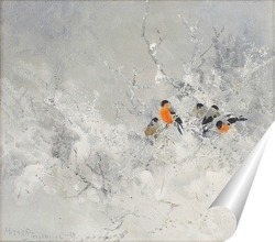   Постер Снегири в зимнем пейзаже