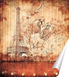   Постер Эйфелева башня с парой попугаев