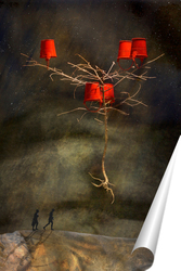   Постер Дерево с красными ведрами над дорогой дальней