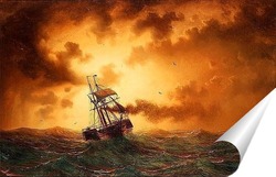  Моряк с обеспокоенным морем с парусным судном и пароходом