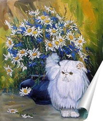   Постер Белый кот и букет ромашек 