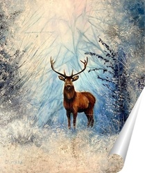   Постер Олень в зимнем лесу