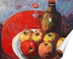   Постер Яблоки, вино и красная скатерть