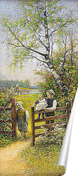  Постер Летний пейзаж с детьми у ворот