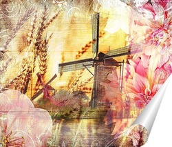   Постер мельница и георгины