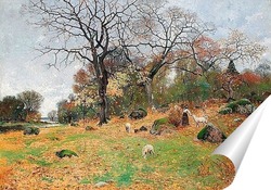   Постер Осенний пейзаж с девушкой пастбища и скот