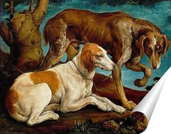   Постер Две охотничьи собаки, привязанные ко пню
