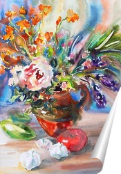   Постер Деревенский натюрморт с цветами и чесноком