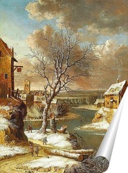   Постер Зимний пейзаж с фигуристами на замерзшей реке