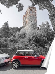   Постер Красное авто на фоне башни