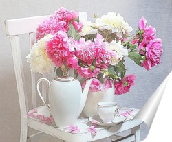   Постер натюрморт с букетом пионов и кофейником