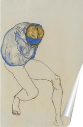   Постер Полуобнаженная блондинка в синей рубашке и синей повязкой на гол