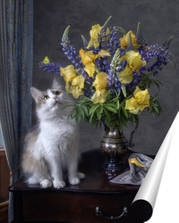   Постер Букет ирисов и любопытная кошка