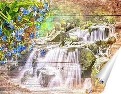  Постер Водопад и синие цветы