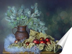   Постер Новогодний натюрморт с ветками голубой ели и новогодними шариками