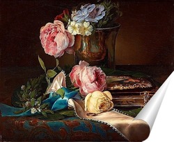   Постер Натюрморт с розами, обручальное кольцо и серебряный кубок.