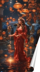   Постер «Грация над водой: Девушка в красном платье и воздушные свечи»