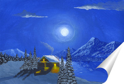   Постер Полная луна над озером в горах