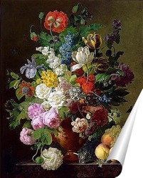   Постер Ваза с цветами, персики и виноград