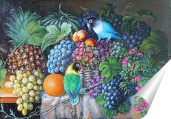  Постер Натюрморт с попугайчиками, ананасом и виноградом.