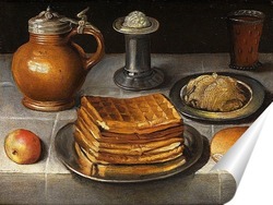   Постер Натюрморт с оловянными тарелками, каменной кружкой и вафлями