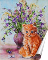   Постер Рыжий котенок и букет колокольчиков
