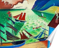  Пейзаж Фьорда с парусными лодками