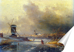   Постер Зимний пейзаж с Конькобежцами на Замерзшей реке