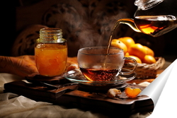   Постер Чай с мандариновым конфитюром на деревянном фоне