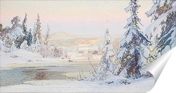   Постер Зимний пейзаж с видом на коттеджи
