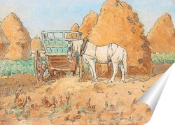   Постер Белая лошадь и стога сена, сцена из Ла Ру,недалеко от Парижа