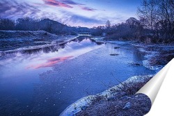   Постер Раннее, морозное весеннее утро на речке наполовину покрытой тонкой ледяной коркой