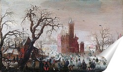   Постер Зимний пейзаж с конькобежцами и мнимым замком