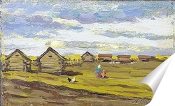   Постер Семейная сцена перед хижинами