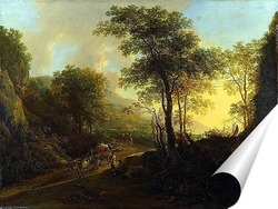   Постер Скалистый пейзаж с быками, впряжёнными в телегу